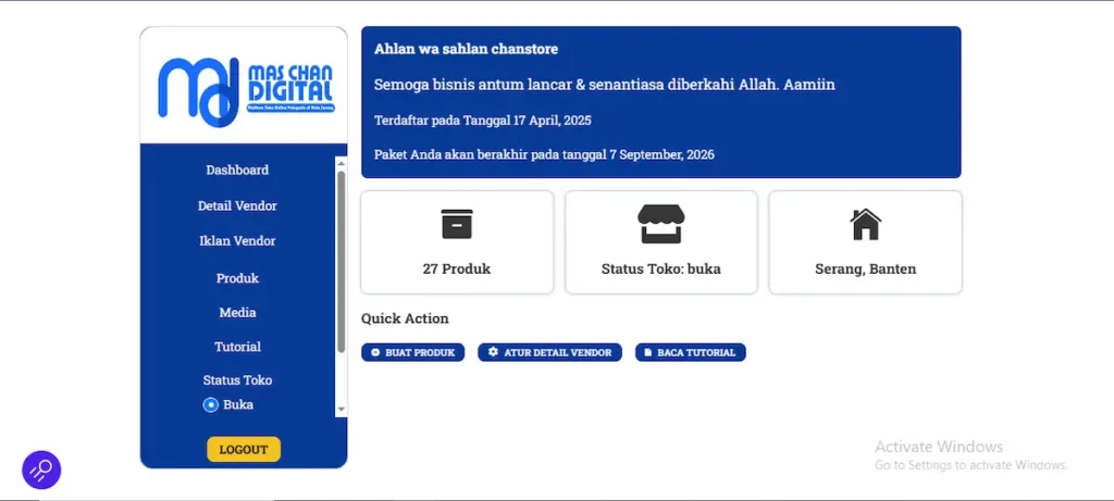 Review Tampilan Dashboard Vendor Mas Chan Digital