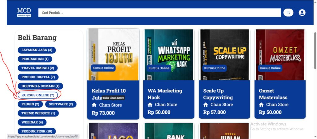 filter pencarian produk kategori kursus online mas chan digital