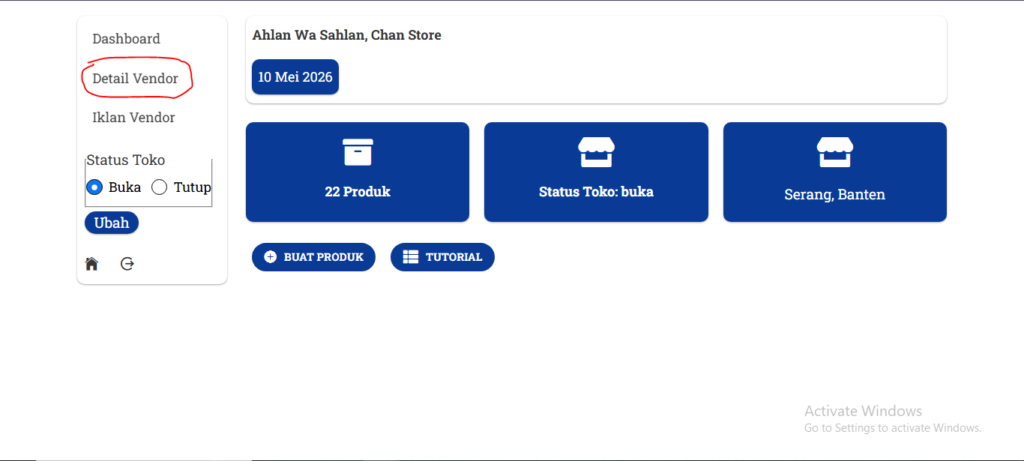tampilan dashboard vendor